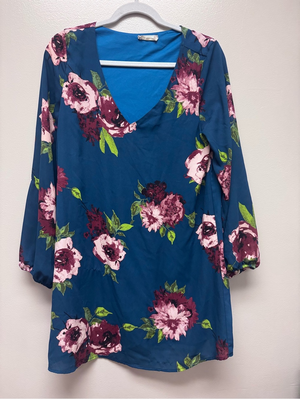 Altar'd State Teal Blue Floral V-Neck Tunic Dress